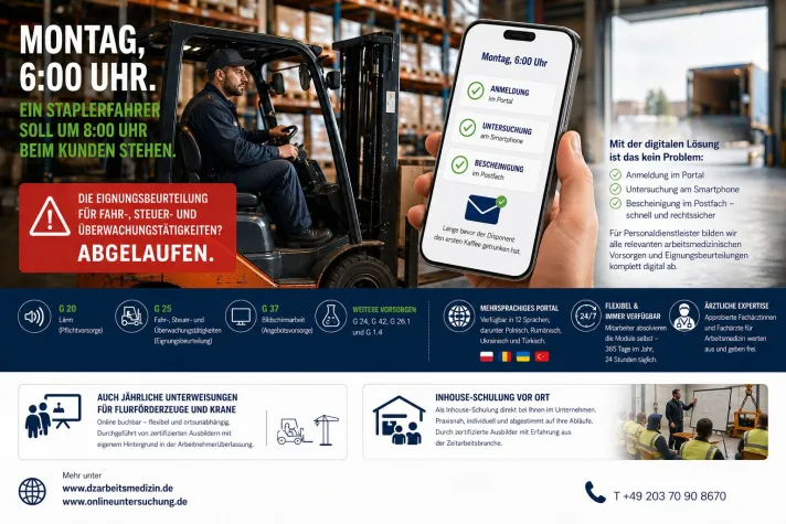 G 25, G 20, G 37 und Co.: Welche arbeitsmedizinischen Untersuchungen in der Logistik jetzt online laufen