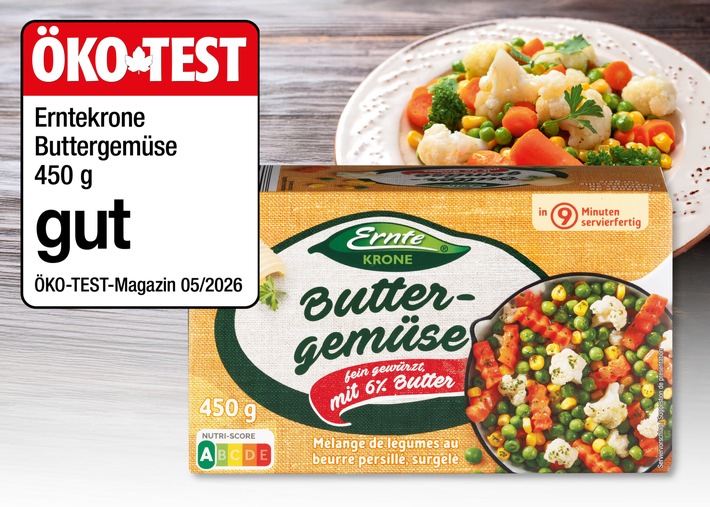 ÖKO-TEST 05/2026 zeichnet ERNTEKRONE Buttergemüse von NORMA aus TK-Gemüse aus (Bio-)Supermärkten und Discountern im Vergleich
