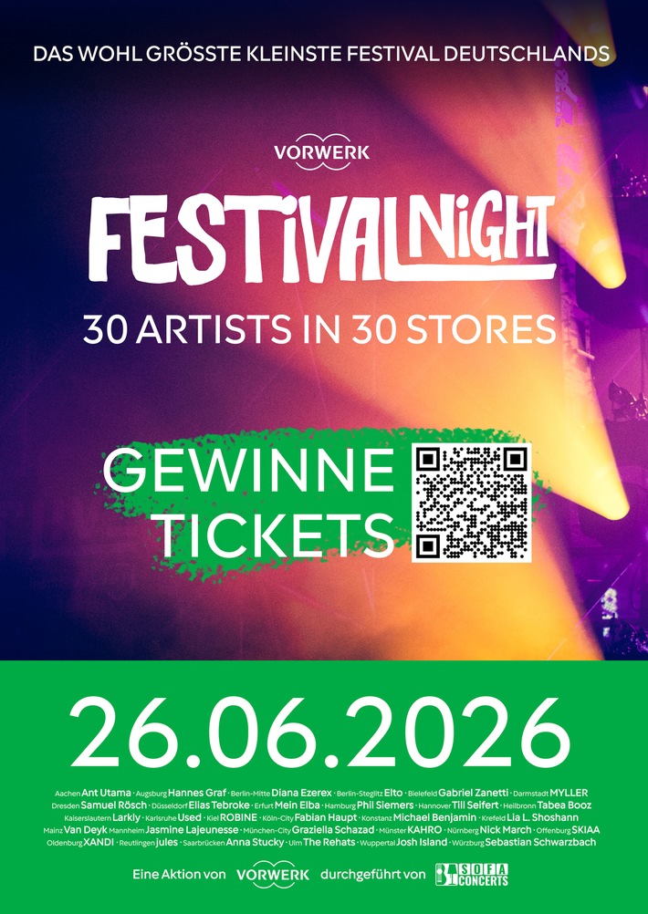 Vorwerk Festival Night: 30 Live-Konzerte, 30 Städte, 30 Artists – ab jetzt exklusive Ticket-Verlosung Das wohl „größte kleinste Festival“ Deutschlands