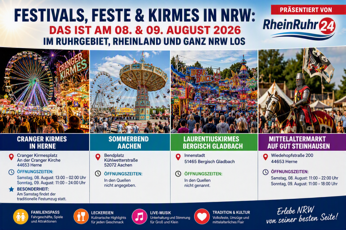 Festivals, Feste & Kirmes in NRW: Die größten Highlights am 08. & 09. August 2026 im Ruhrgebiet, Rheinland und ganz Nordrhein-Westfalen