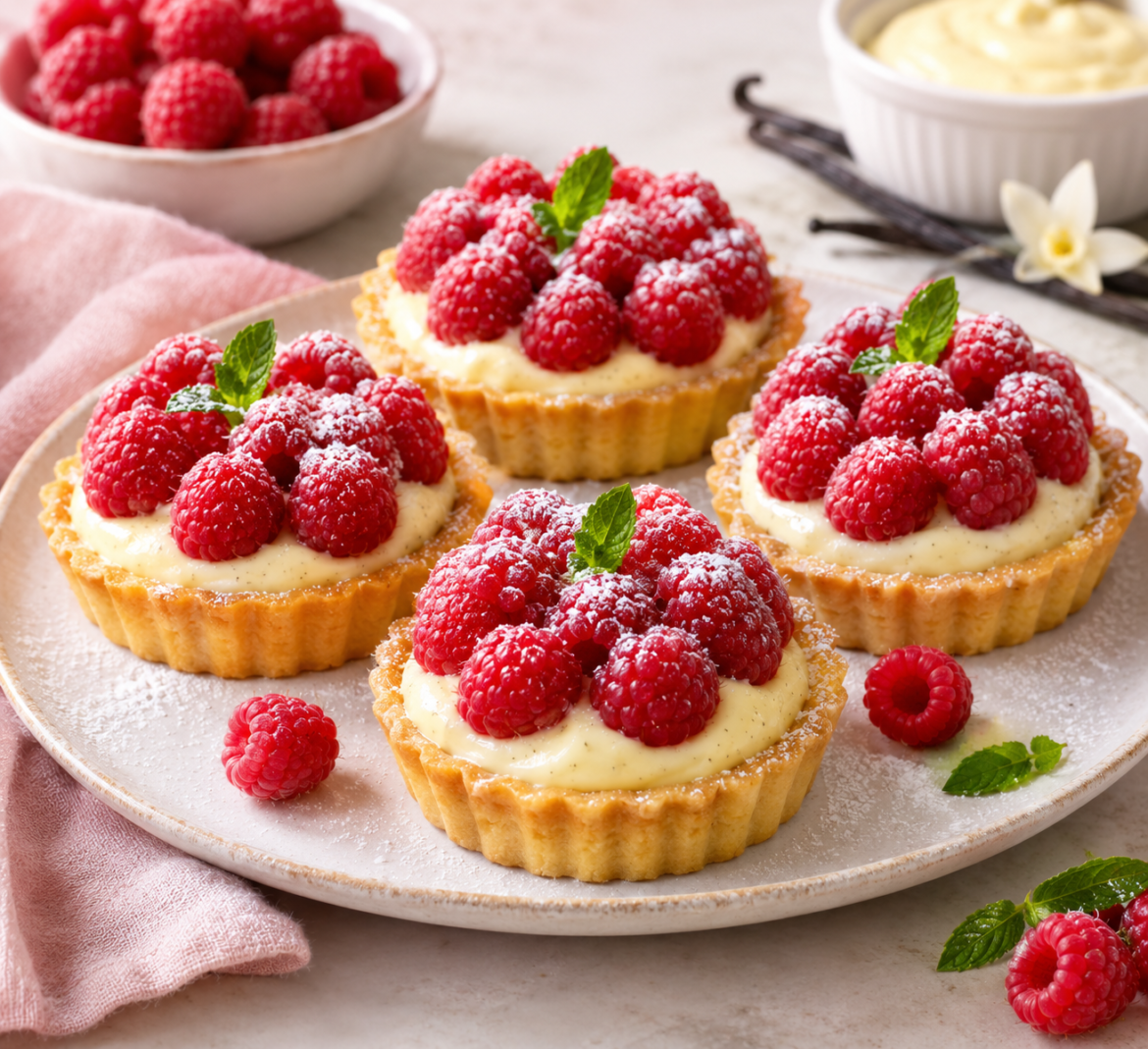 Himbeertörtchen mit Himbeeren und Vanillecreme