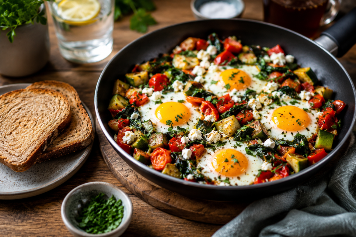 Mediterrane Frühstückspfanne mit Ei & Vollkornbrot