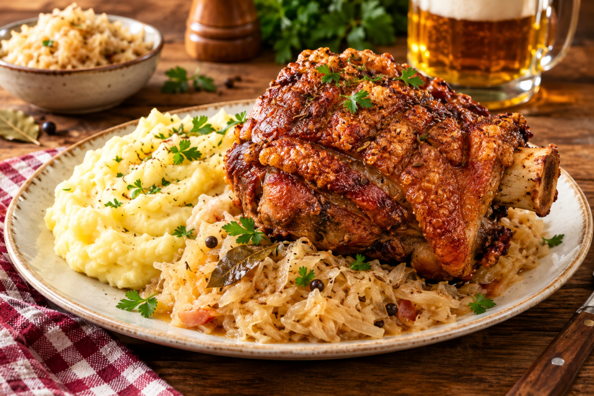 Schweinshaxe mit Sauerkraut & Kartoffelpüree