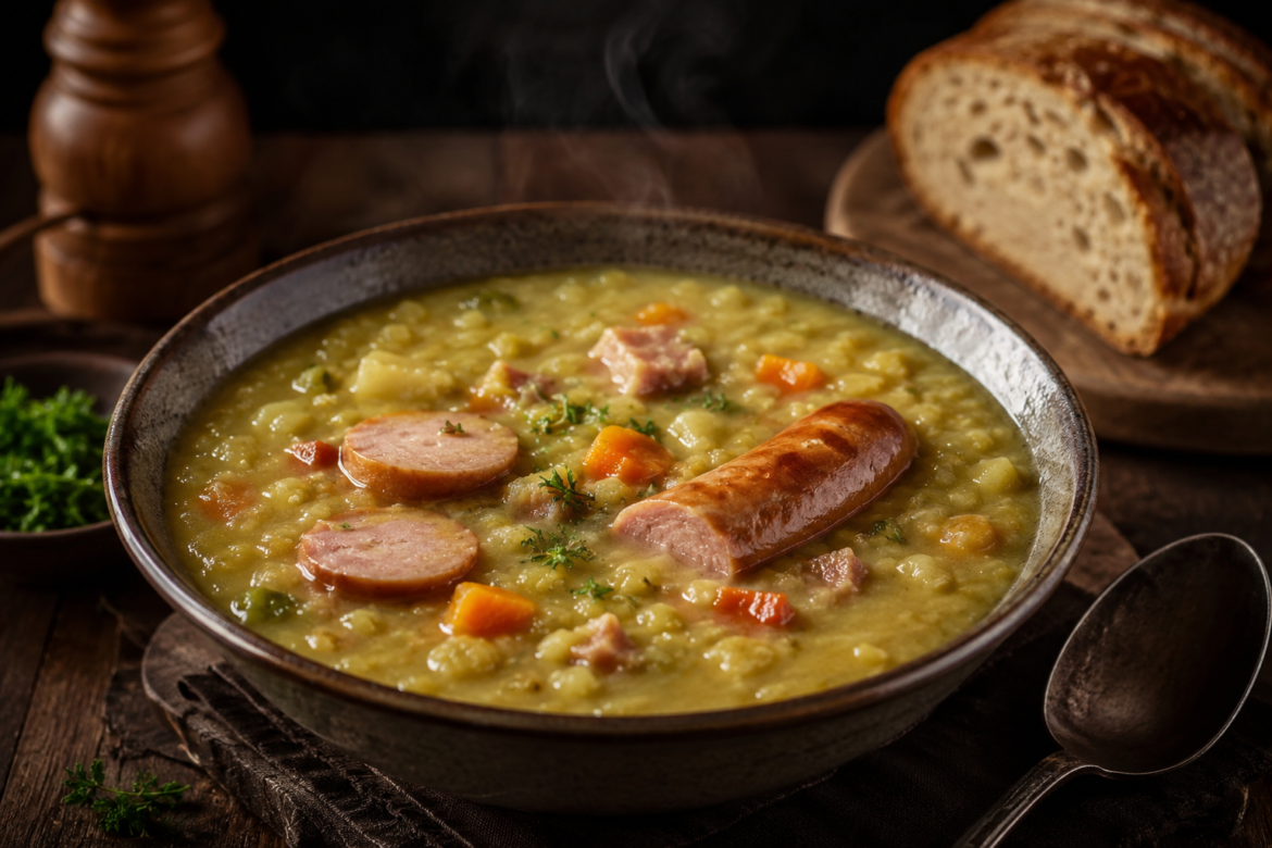 Deftige Erbsensuppe mit Bockwurst