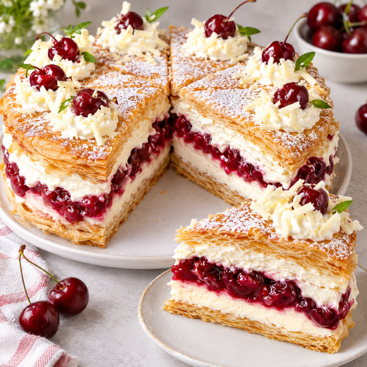 Blätterteigtorte mit Mascarpone-Vanille-Creme und Kirschen