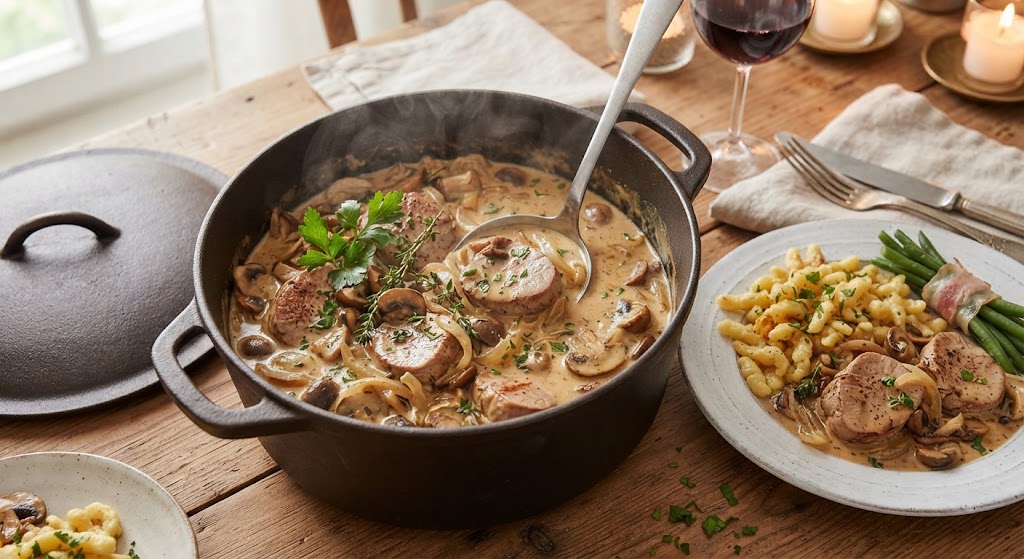 Exklusiver Filettopf mit Pilzen, Cognac und feiner Rahmsauce