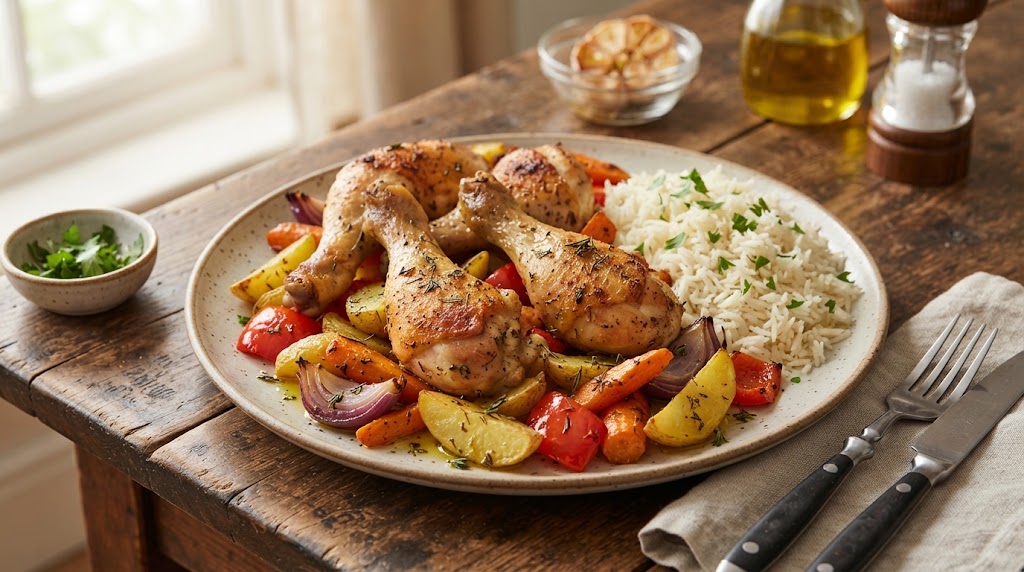 Rezept: Knusprige Hähnchenkeulen vom Blech mit Ofengemüse & Reis