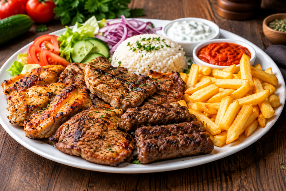 Grillteller mit Reis und Pommes