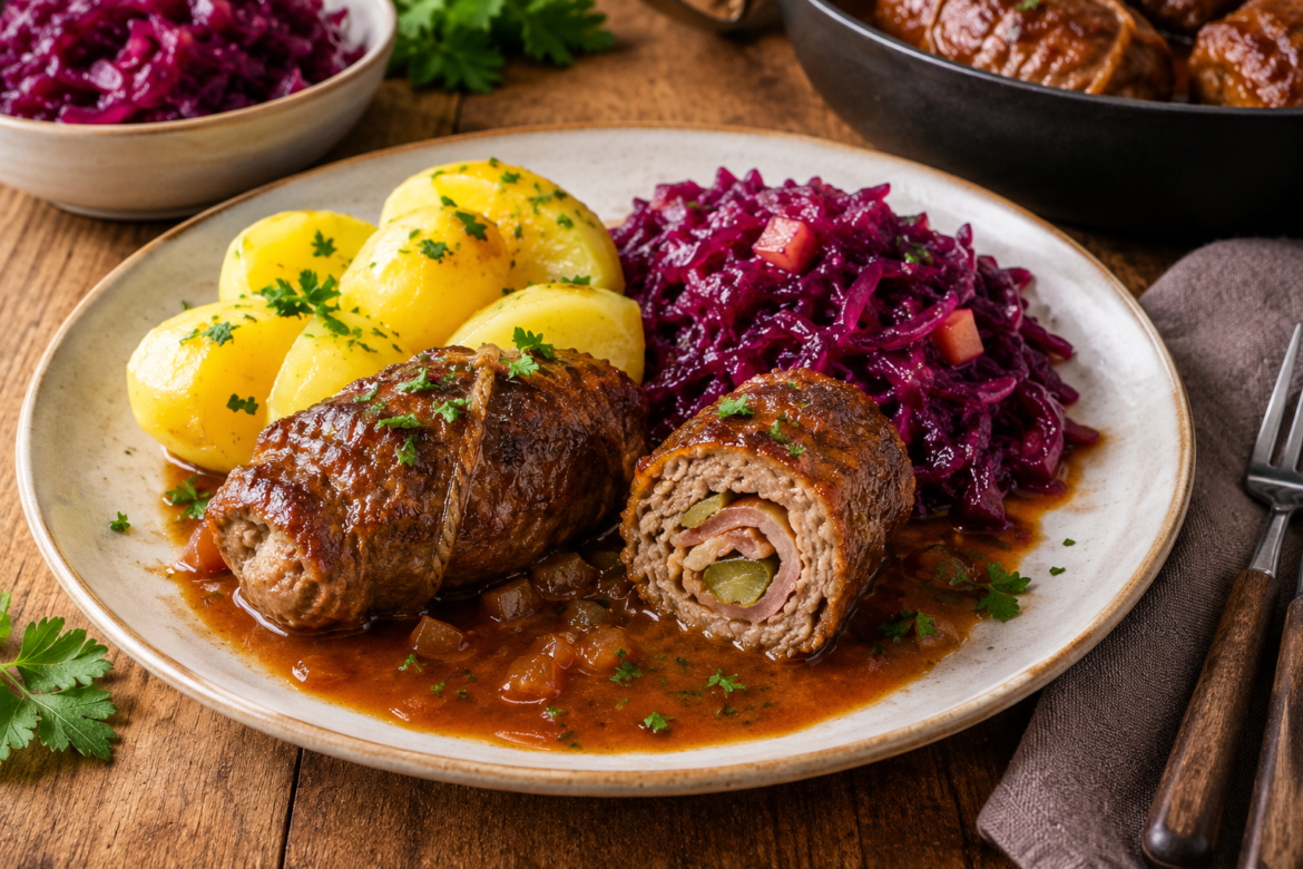 Hackfleischrouladen mit Kartoffeln & Rotkohl