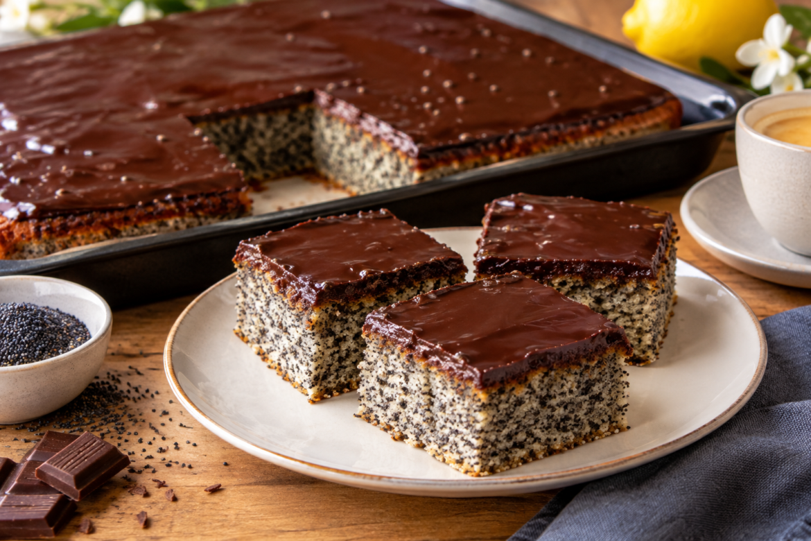 Saftiger Mohn-Blechkuchen mit feiner Schokoladenglasur