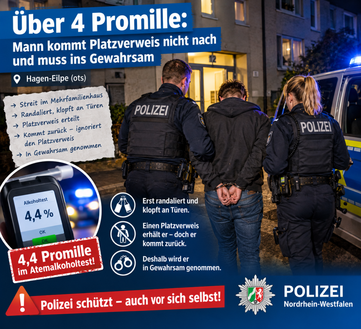 Hagen-Eilpe: Über 4 Promille: Mann kommt Platzverweis nicht nach und muss ins Gewahrsam
