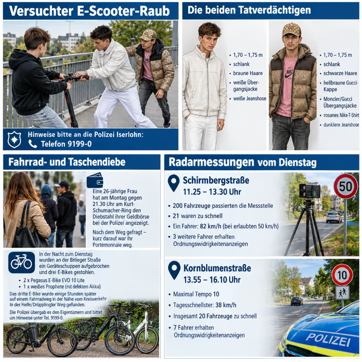Iserlohn: Versuchter E-Scooter-Raub Fahrrad- und Taschendiebe Radarmessungen vom Dienstag