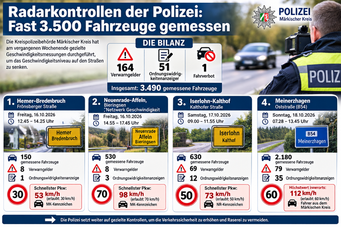 Märkischer Kreis: Radarkontrollen der Polizei: Fast 3500 Fahrzeuge gemessen