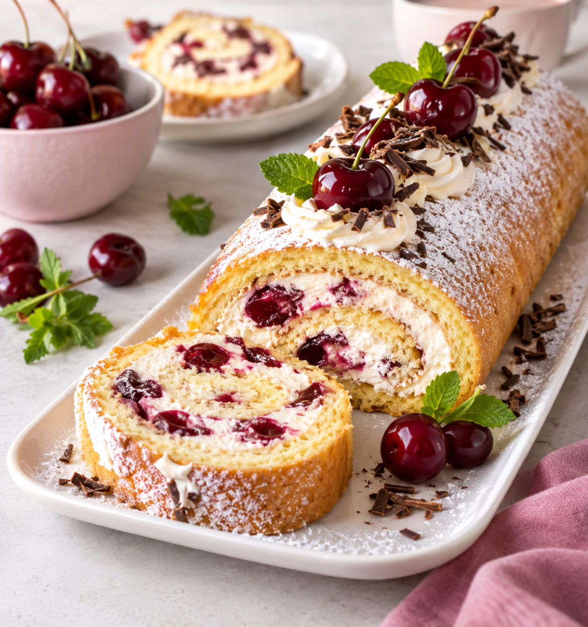 Kirsch-Mascarpone-Rolle – fruchtiger Kuchengenuss mit cremiger Füllung