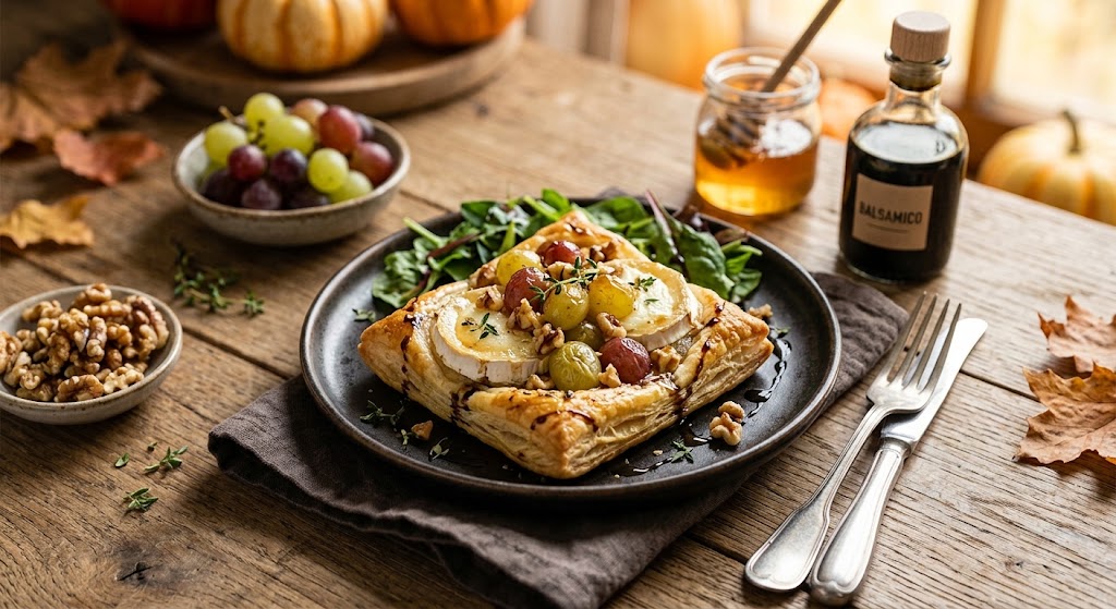Gratiniertes Ziegenkäse-Tartelett mit karamellisierten Weintrauben & Walnüssen