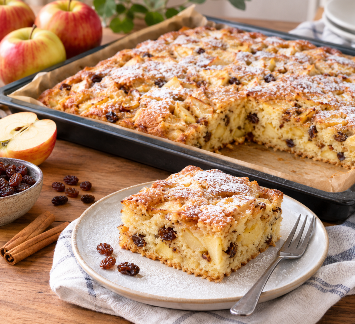 Saftiger Apfelkuchen mit Rosinen vom Blech – einfach und unwiderstehlich