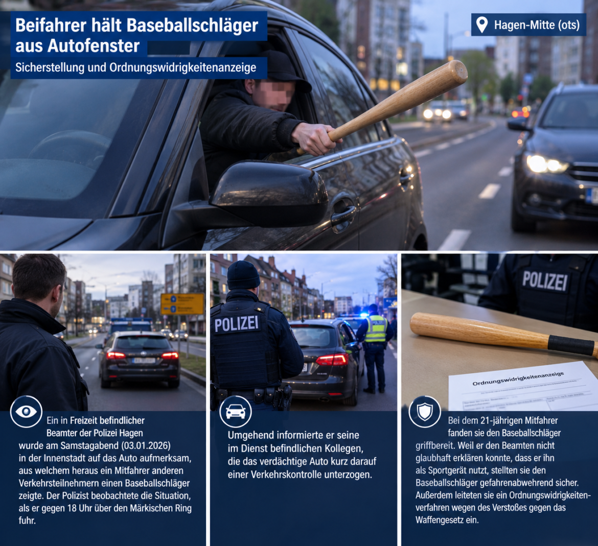 Hagen-Mitte: Beifahrer hält Baseballschläger aus Autofenster – Sicherstellung und Ordnungswidrigkeitenanzeige