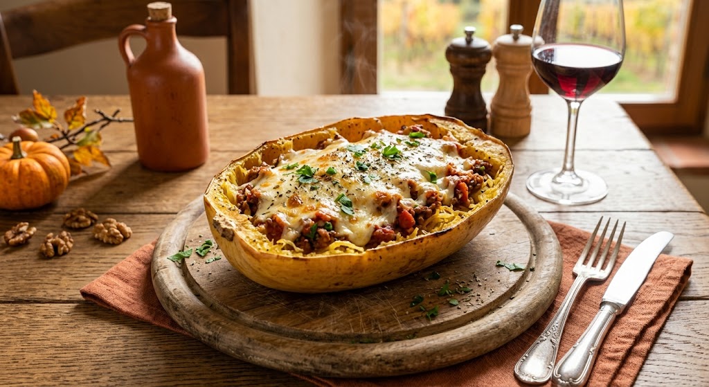 Überbackener Spaghetti-Kürbis mit Hackfleisch & Käse
